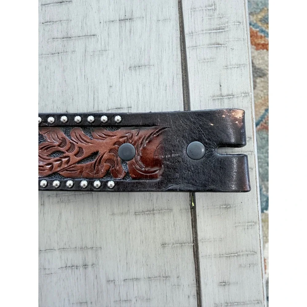 V- 037- 3-D Belt Co Mens Brown Hand Tooled Leather Western Star Studded Belt 36